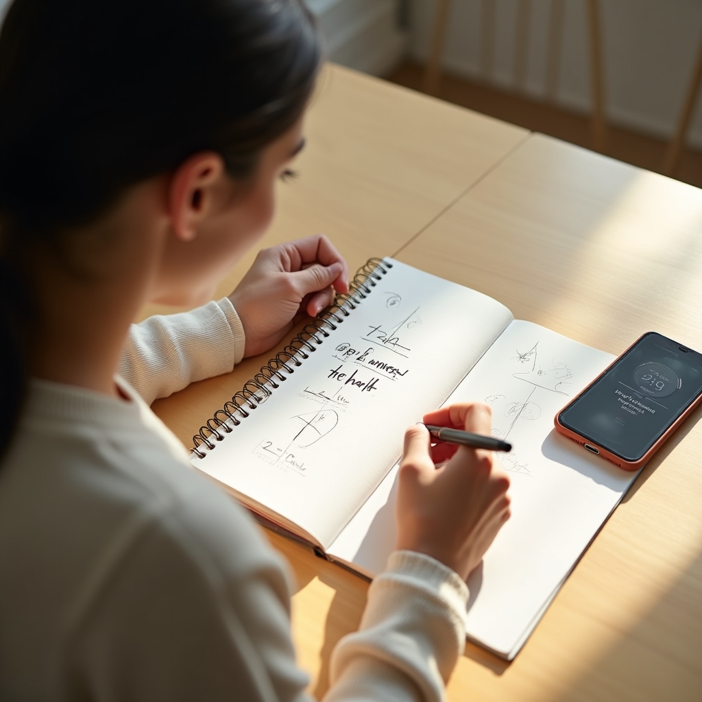 Persoană notând într-un carnet un obicei redus la o versiune de două minute, la o masă de lucru luminoasă